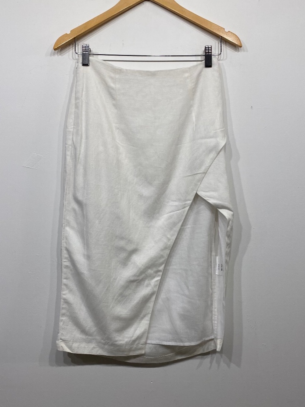 Kourt White Linen Blend Minimalist Coastal Straight Pencil Midi Slit Skirt Small